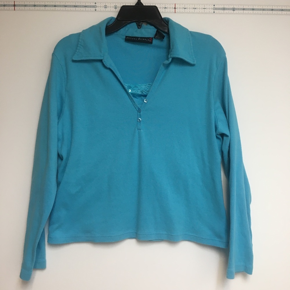 Turquoise Blue long sleeve knit top with layered look: All-in-one top